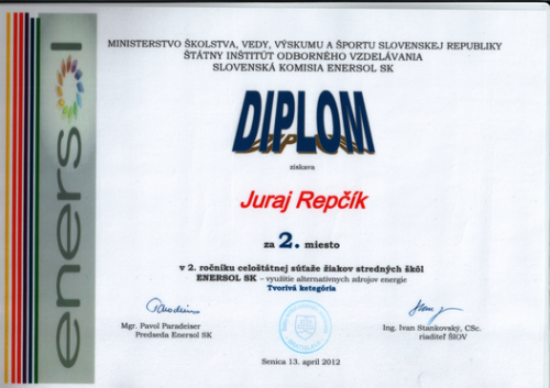 Diplom Juraj Repčík  - Súťaž  ENERSOL SK