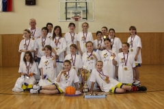 Minibasketbalistky s trofejami a tortami v tvare basketbalovej lopty a ihriska